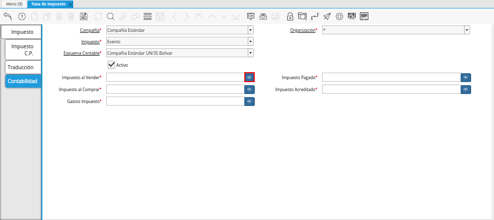 Campo Impuesto al Vender de la Pestaña Contabilidad de la Ventana Tasa de Impuesto