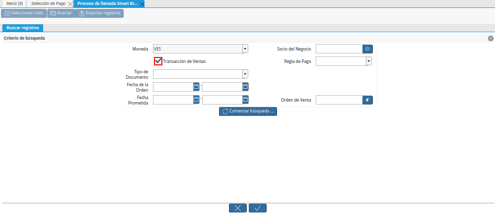 Checklist Transacción de Ventas de la Ventana de Búsqueda Inteligente del Proceso Crear Desde Orden