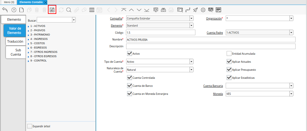 Icono Guardar Cambios de la Pestaña Valor de Elemento de la Ventana Elemento Contable