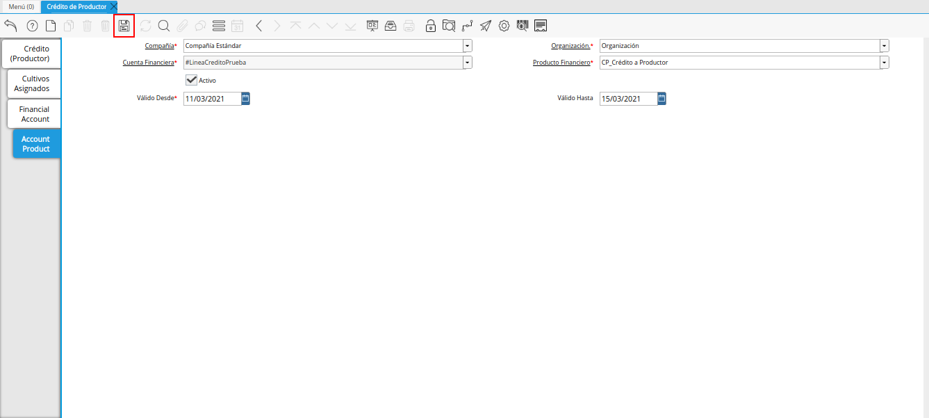 icono guardar cambios de la pestaña producto de la cuenta de la ventana crédito del productor