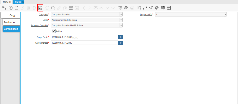Icono Guardar Cambios de la Combinación Contable del Cargo