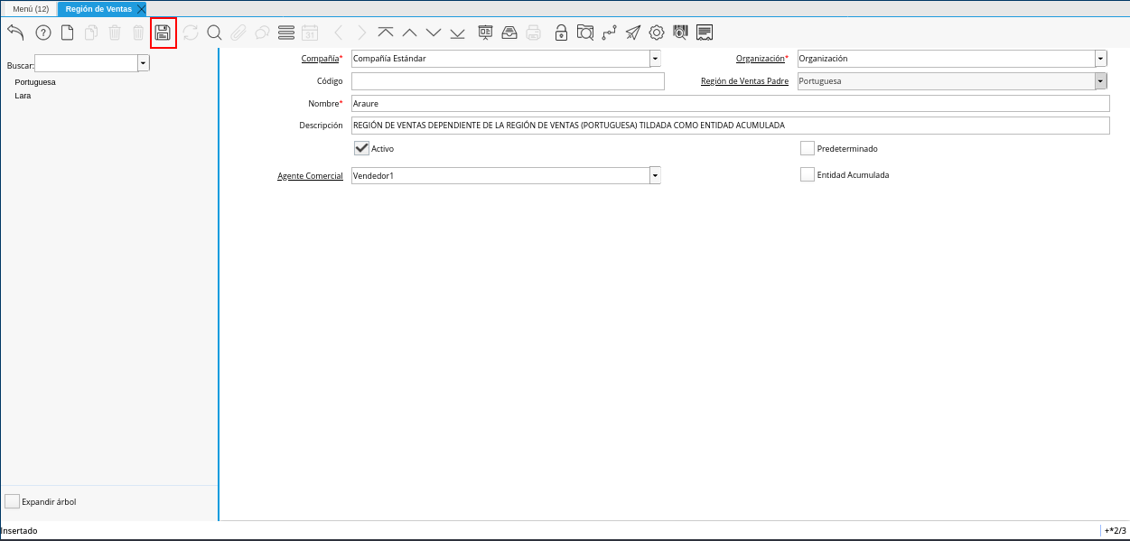 Icono Guardar Cambios de la Ventana Región de Ventas