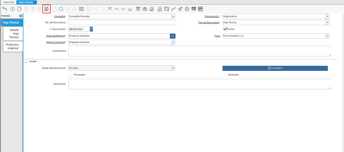 icono guardar cambios de la ventana hoja técnica