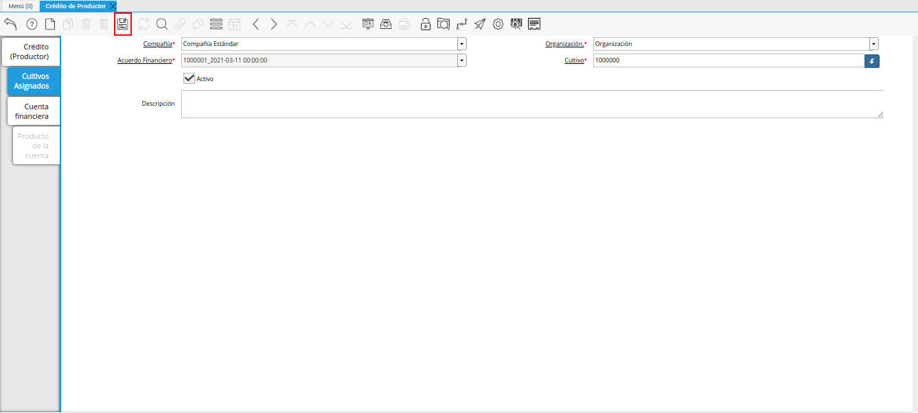 icono guardar cambios de la pestaña cultivos asignados de la ventana crédito del productor