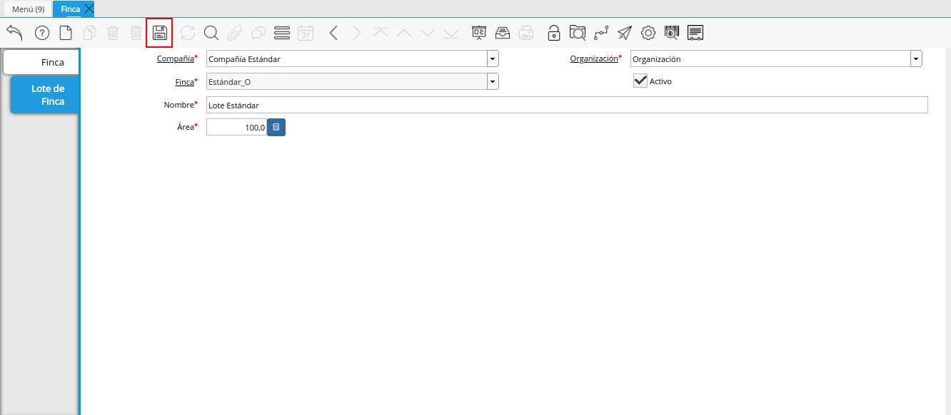 icono guardar cambios de la pestaña lote de finca