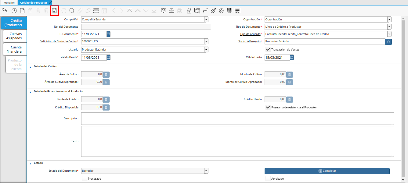 icono guardar cambios de la ventana crédito del productor
