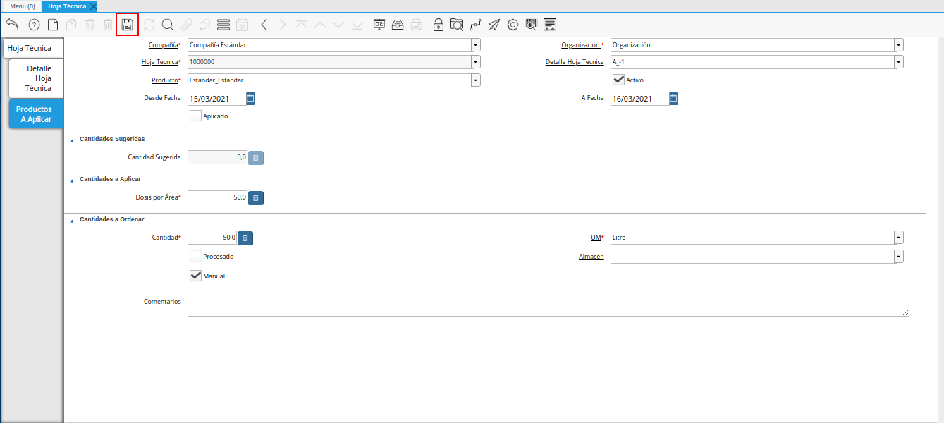 icono guardar cambios de la pestaña productos a aplicar de la ventana hoja técnica