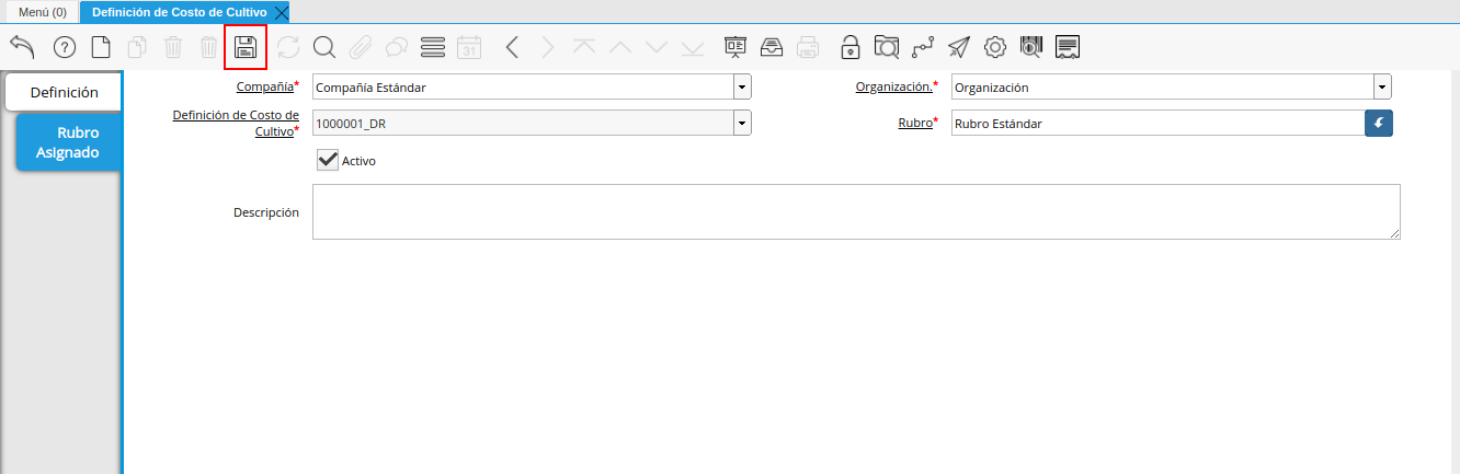 icono guardar cambios de la pestaña rubro asignado de la ventana definición de costo de cultivo