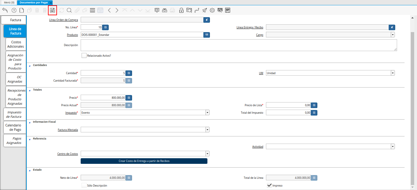 Icono Guardar Cambios de Linea de Factura