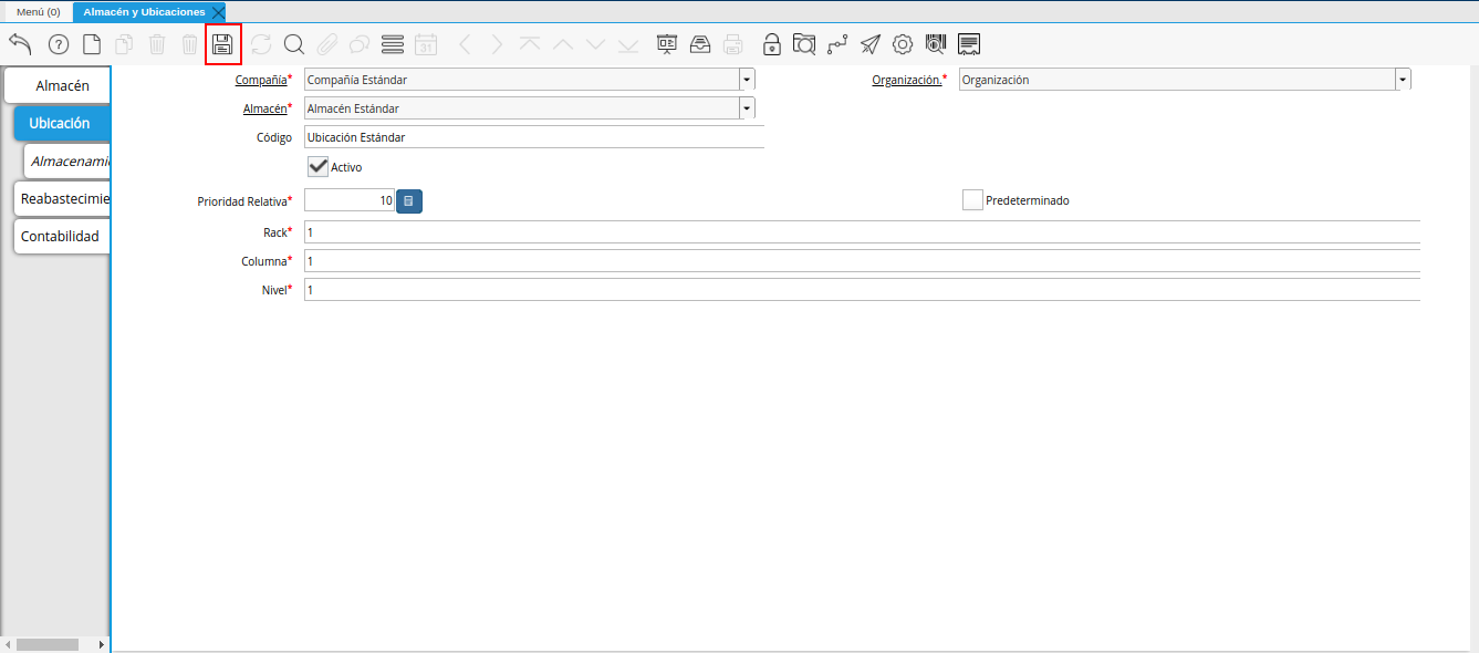 icono guardar cambios de la pestaña ubicación de la ventana almacén y ubicaciones