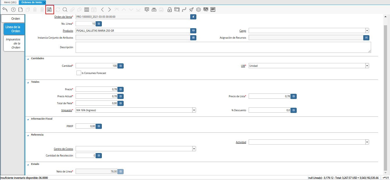 icono guardar cambios de la pestaña línea de la orden de la ventana órdenes de venta