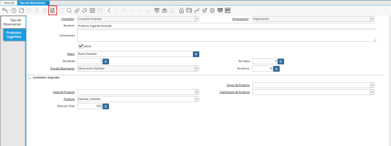 icono guardar cambios de la pestaña productos sugeridos de la ventana tipo de observación
