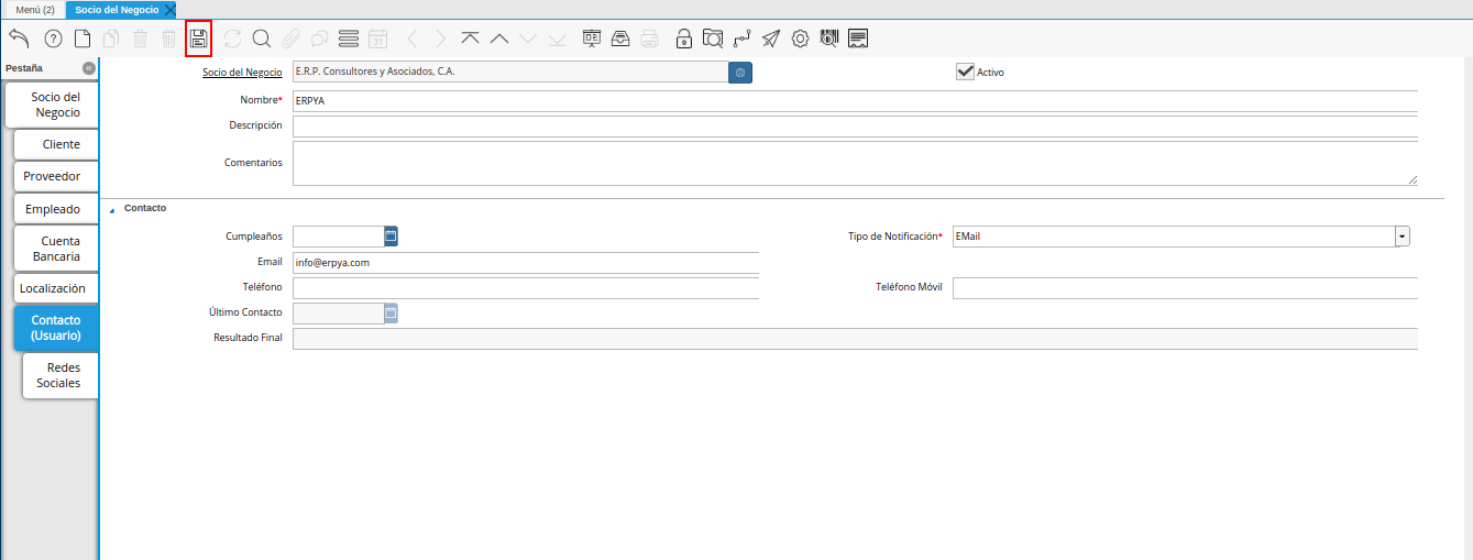 icono guardar cambios de la pestaña contacto usuario de la ventana socio del negocio
