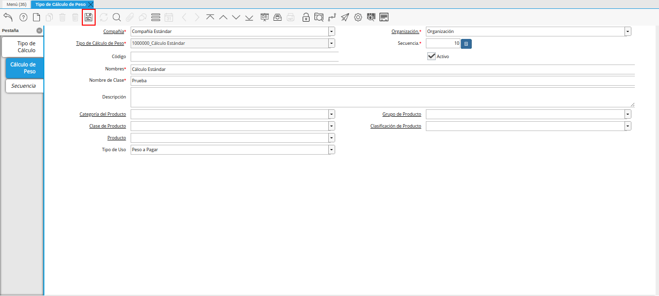 icono guardar cambios de la pestaña cálculo de peso de la ventana tipo de cálculo de peso