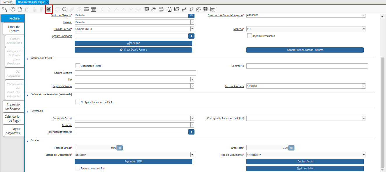 Icono Guardar Cambios de la Nota de Crédito de CxP