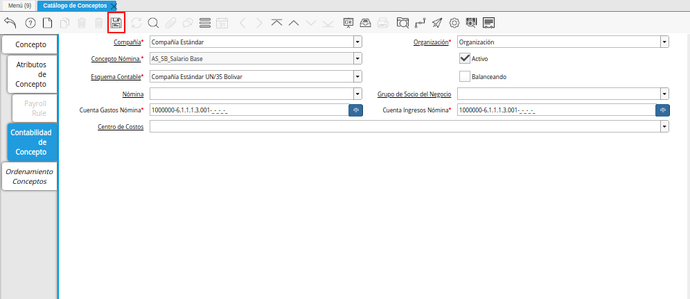 Icono Guardar Cambios de la Pestaña Contabilidad de Concepto