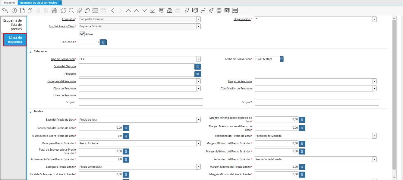 pestaña línea de esquema de la ventana esquema de lista de precios