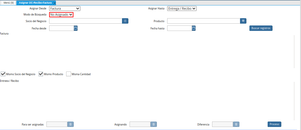 Campo Modo de Búsqueda de la Ventana Asignar OC Recepción Factura