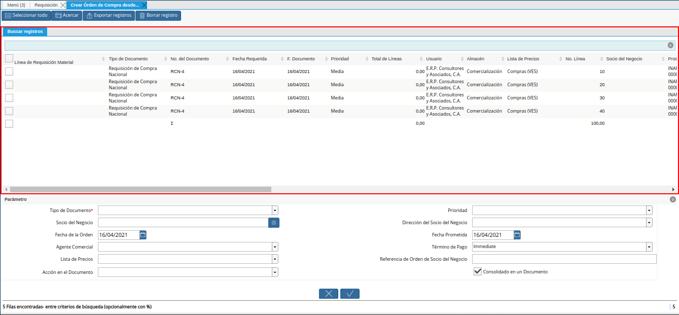 resultados de búsqueda del proceso crear oc desde líneas de requisición