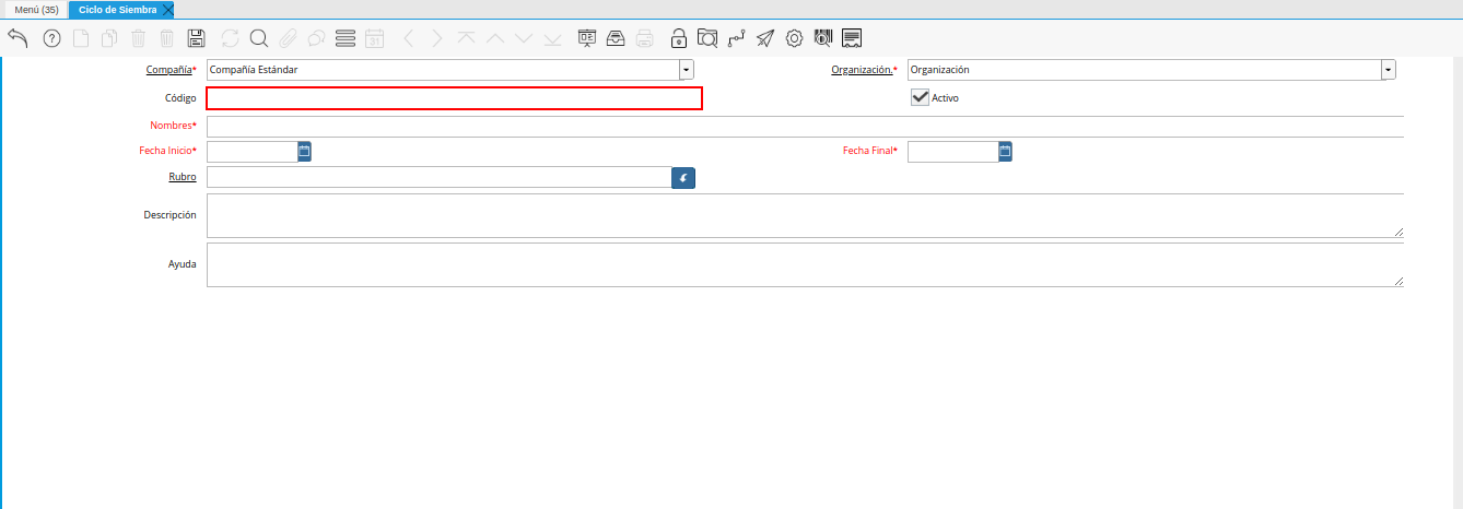 campo código de la ventana ciclo de siembra