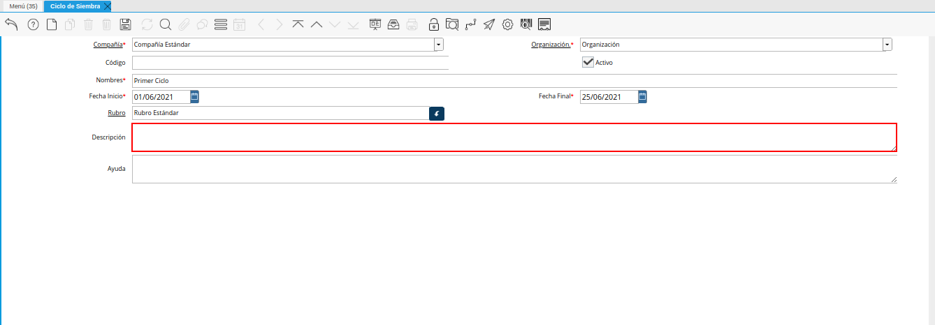 campo descripción de la ventana ciclo de siembra