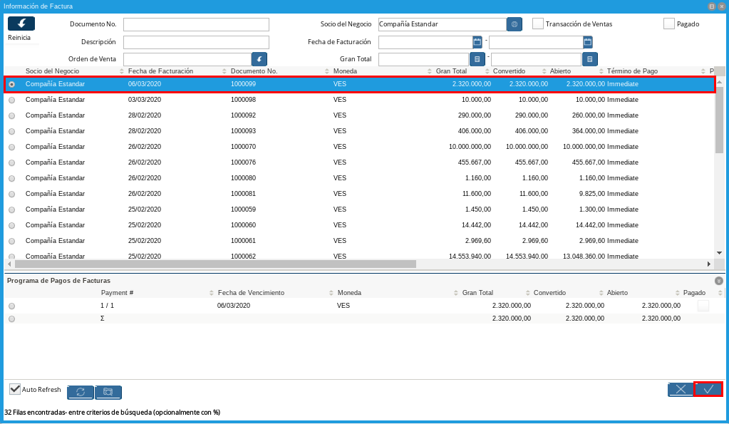 Selección de Factura y Opción OK