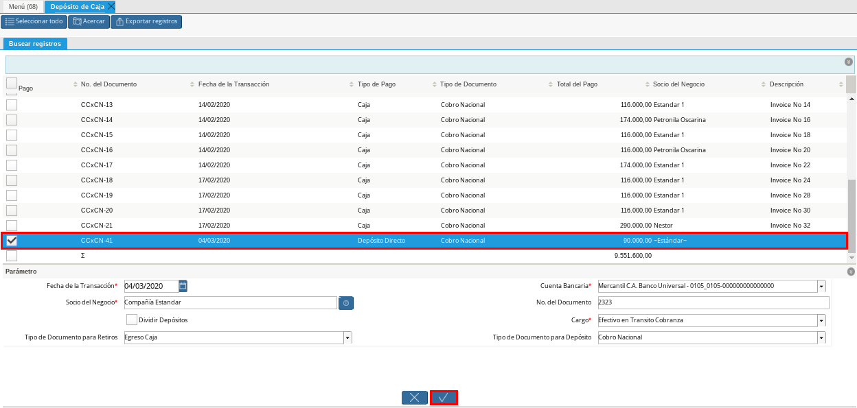 Selección de Caja y Opción OK