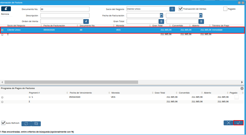 Selección de Factura y Opción OK