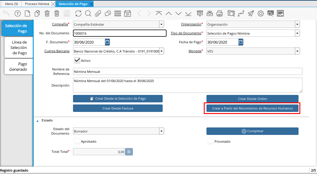 Campo Crear a Partir de Movimiento de Movimiento de Recursos Humanos