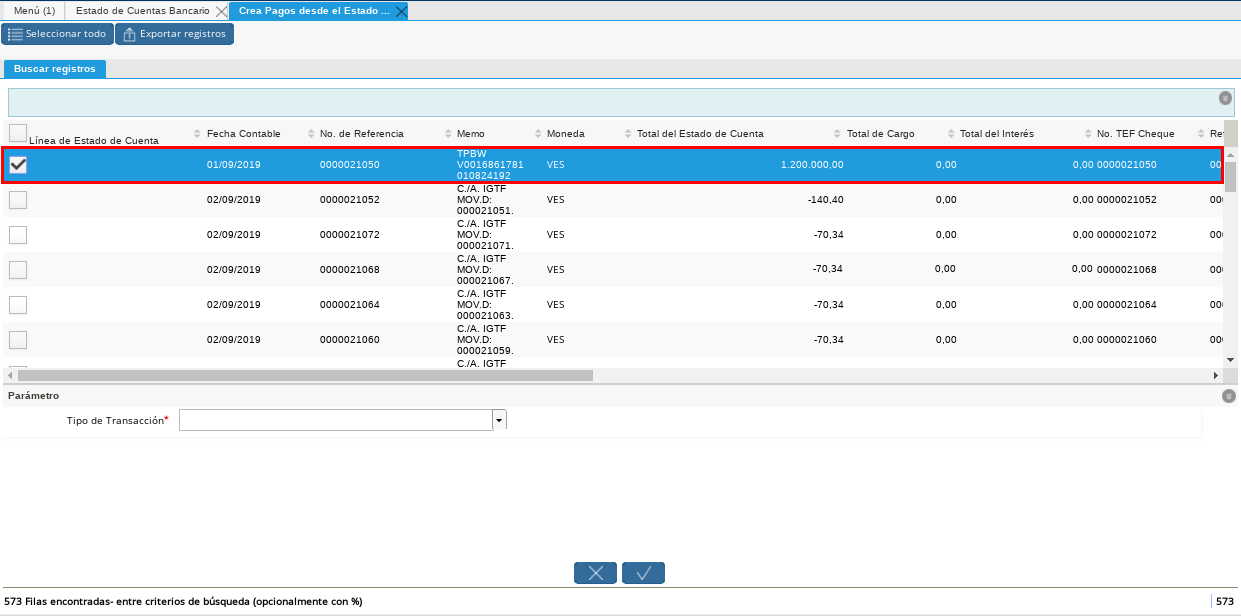 Selección de Pagos Cobros desde la Opción Crear Pago desde Estado de Cuenta