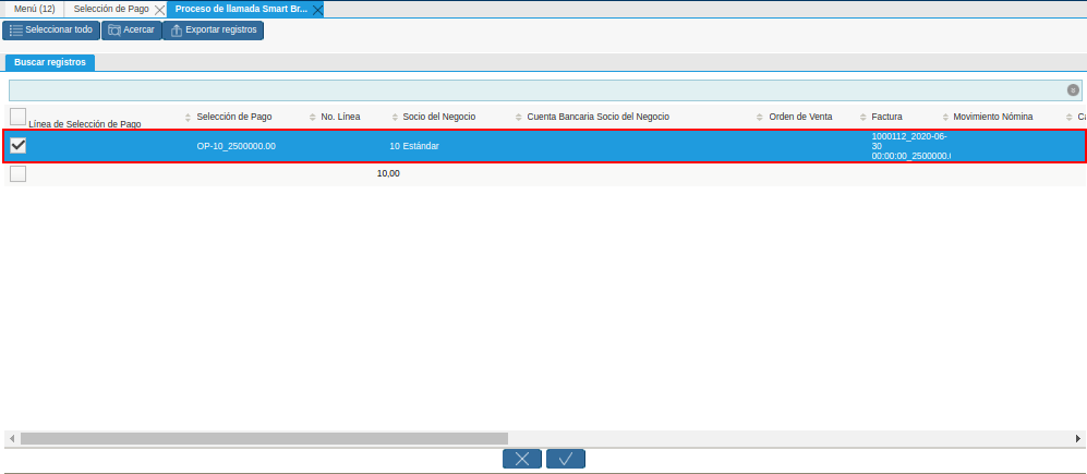 Seleccionar Factura de la Ventana de Búsqueda Inteligente del Proceso Crear desde la Selección de Pago