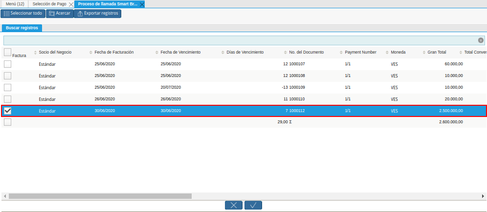 Seleccionar Facturas de la Ventana de Búsqueda Inteligente del Proceso Crear Desde Factura