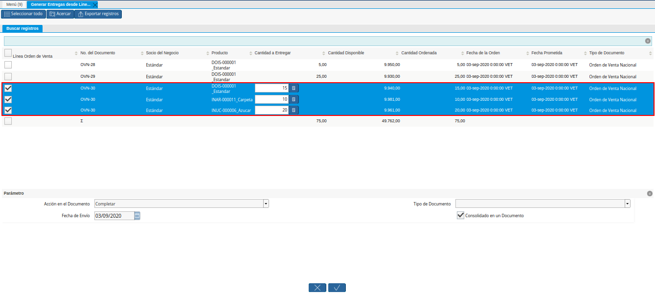 Selección de Líneas de la Orden de la Ventana Generar Entrega desde Líneas de la Orden