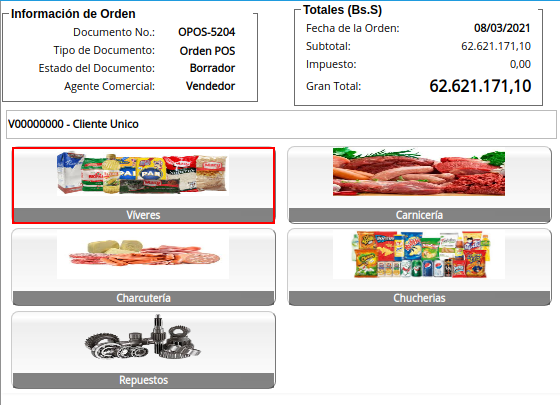 selección de categoría o grupo de productos
