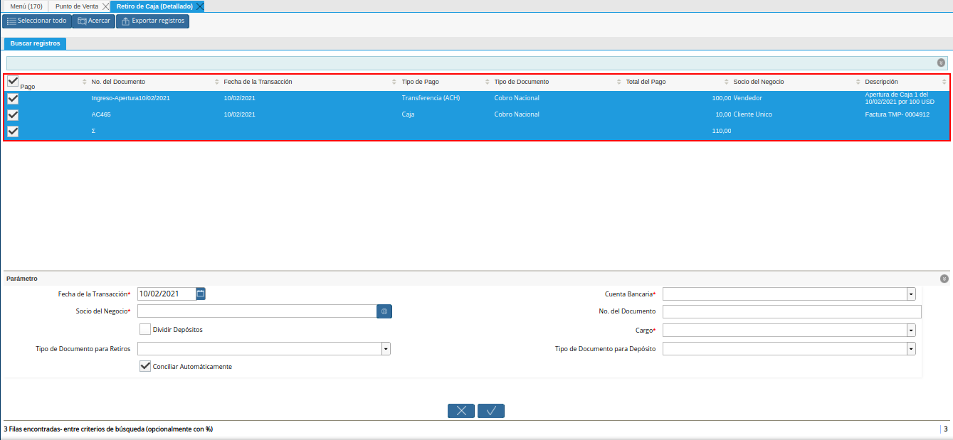 selección de movimientos del retiro detallado