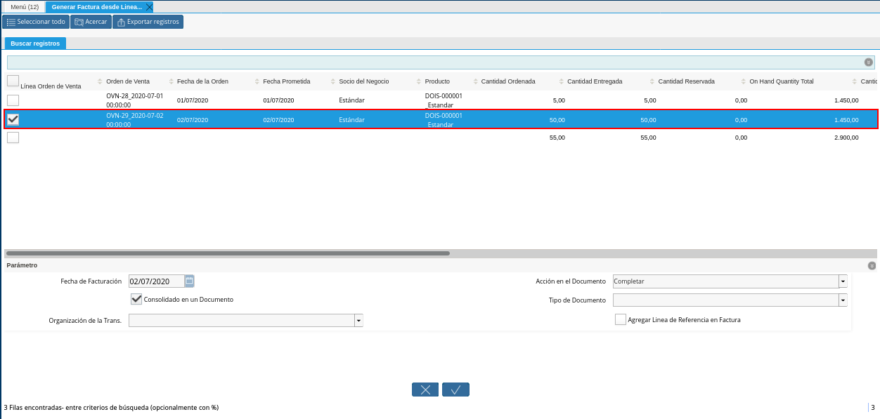 Selección de Líneas de la Orden de la Ventana Generar Factura desde Líneas de la Orden