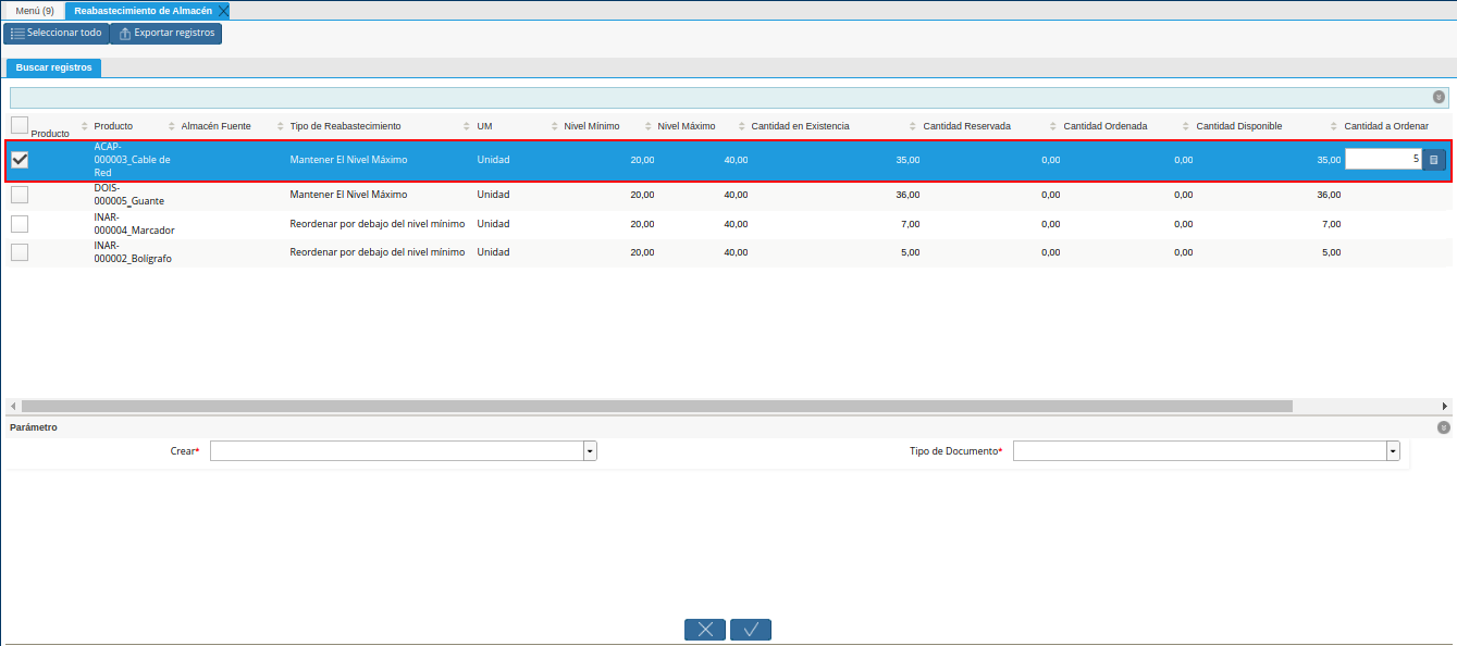 selección de producto a reabastecer
