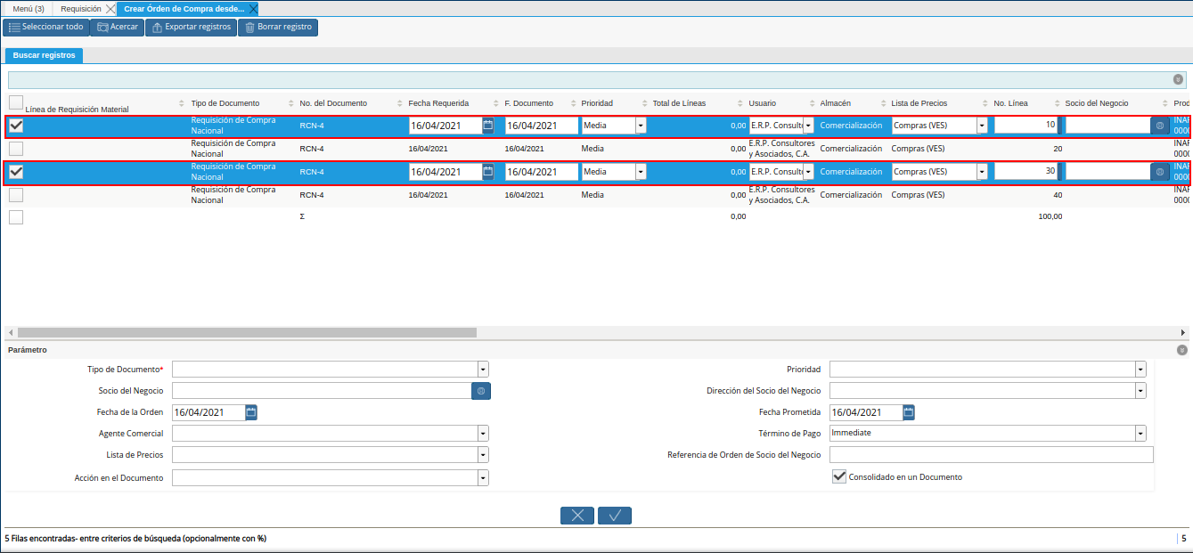 selección de líneas de requisición para orden de compra