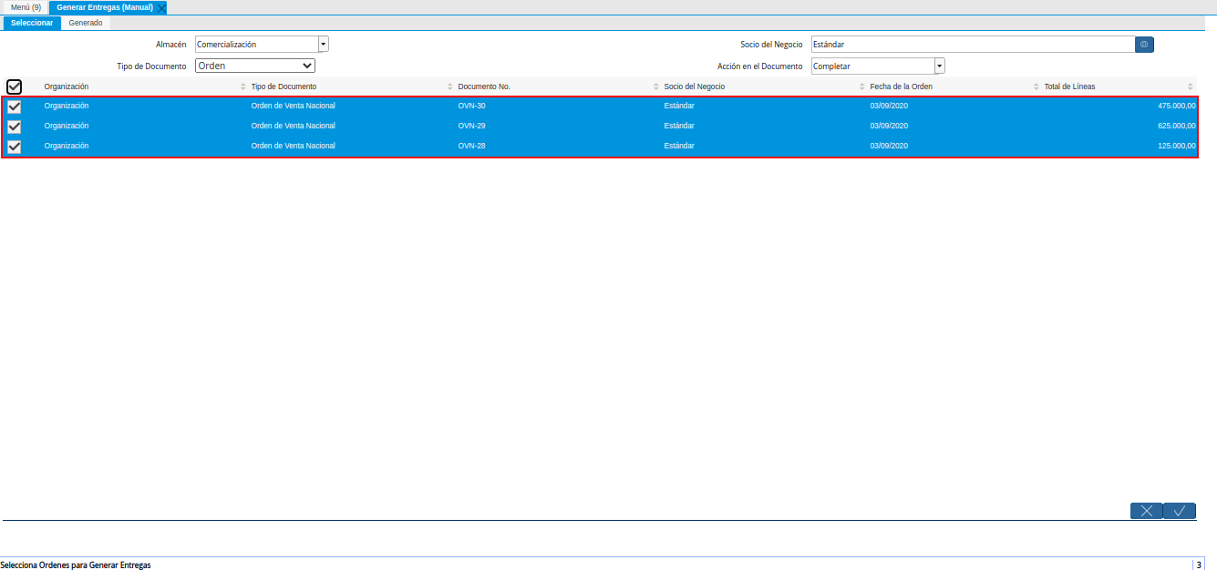 Selección de Órdenes de Venta para Generar Entregas