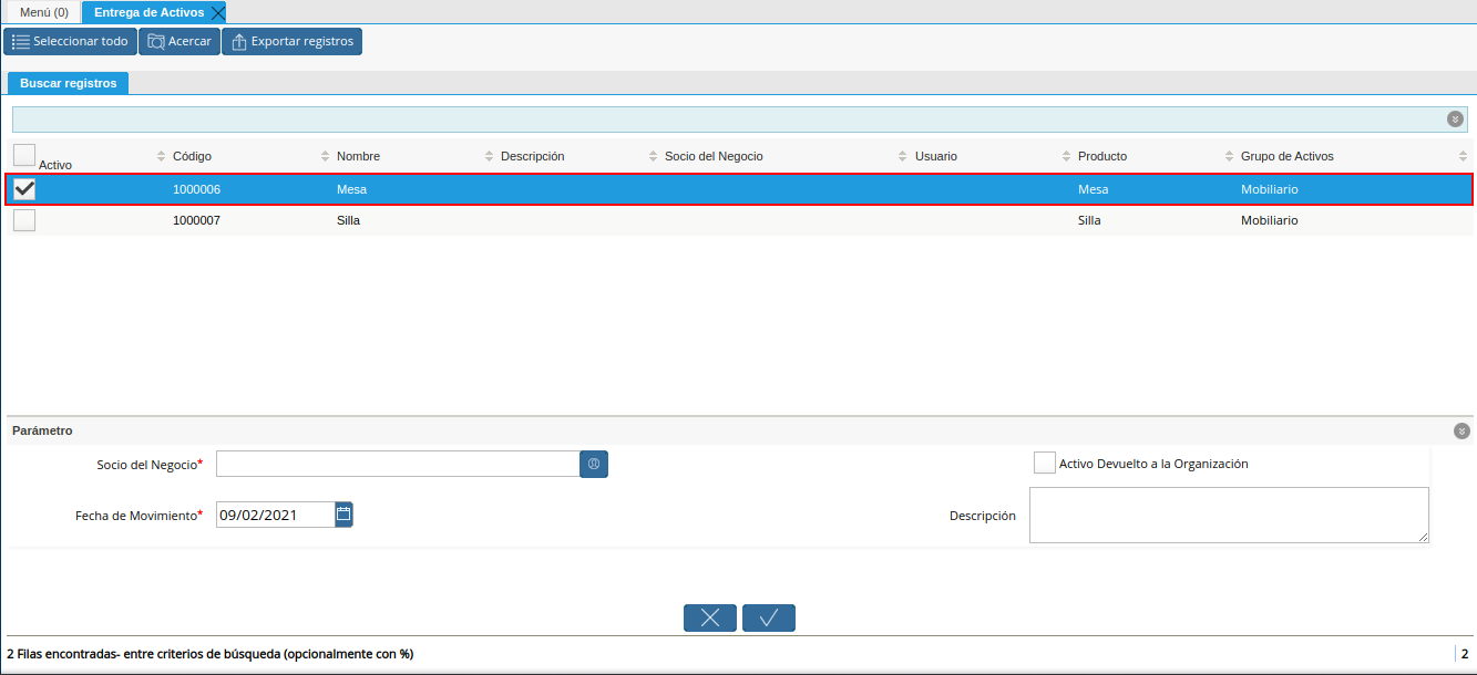 selección del activo a entregar