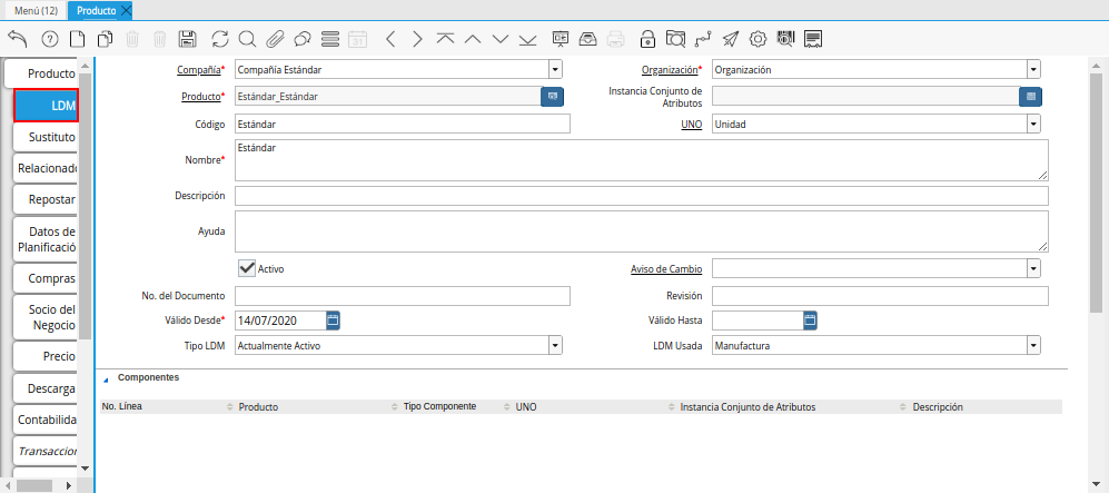 Selección de la Pestaña ldm del Producto Estándar para Producción