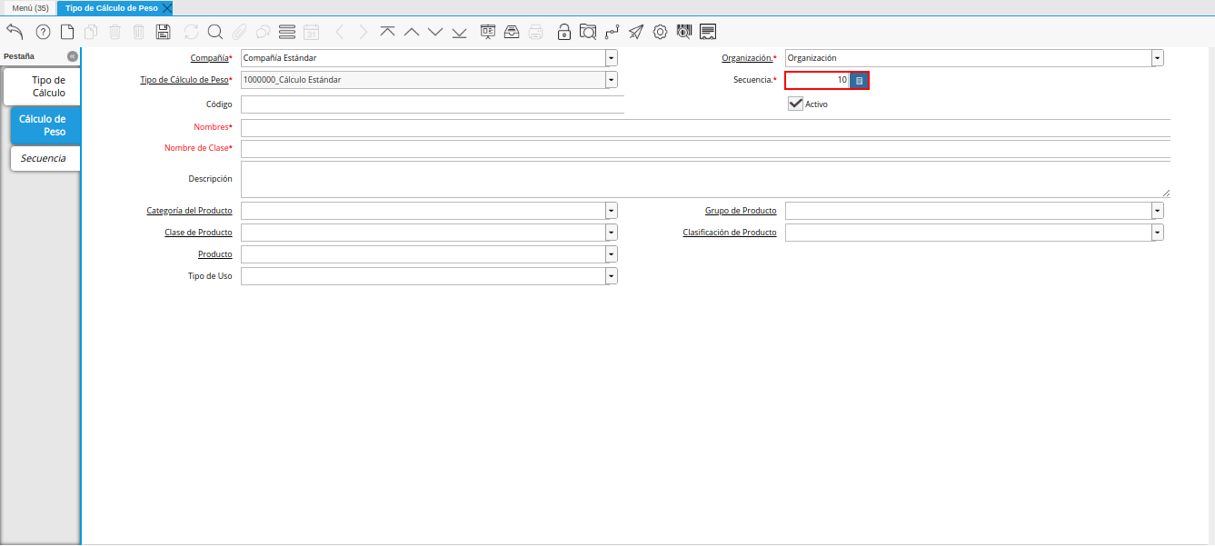 campo secuencia de la pestaña cálculo de peso de la ventana tipo de cálculo de peso