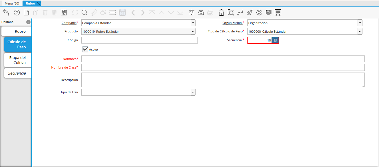 campo secuencia de la pestaña cálculo de peso