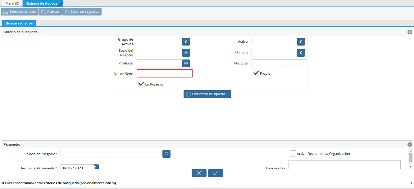 campo número de serie de la ventana entrega de activos