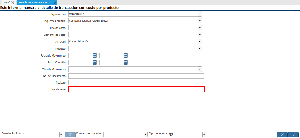 Campo No de Serie de la Ventana Detalle de la Transacción de Costos
