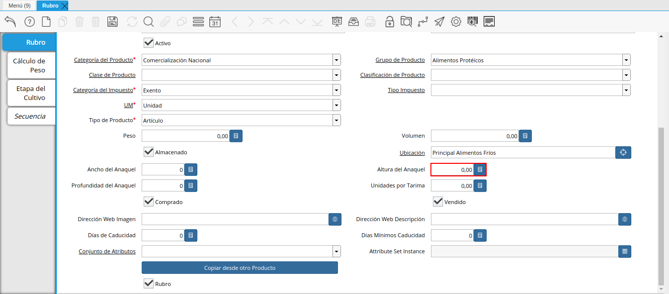 Campo Altura del Anaquel