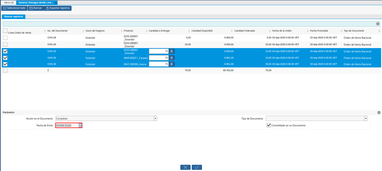 Campo Fecha de Envio de la Ventana Generar Entrega desde Líneas de la Orden