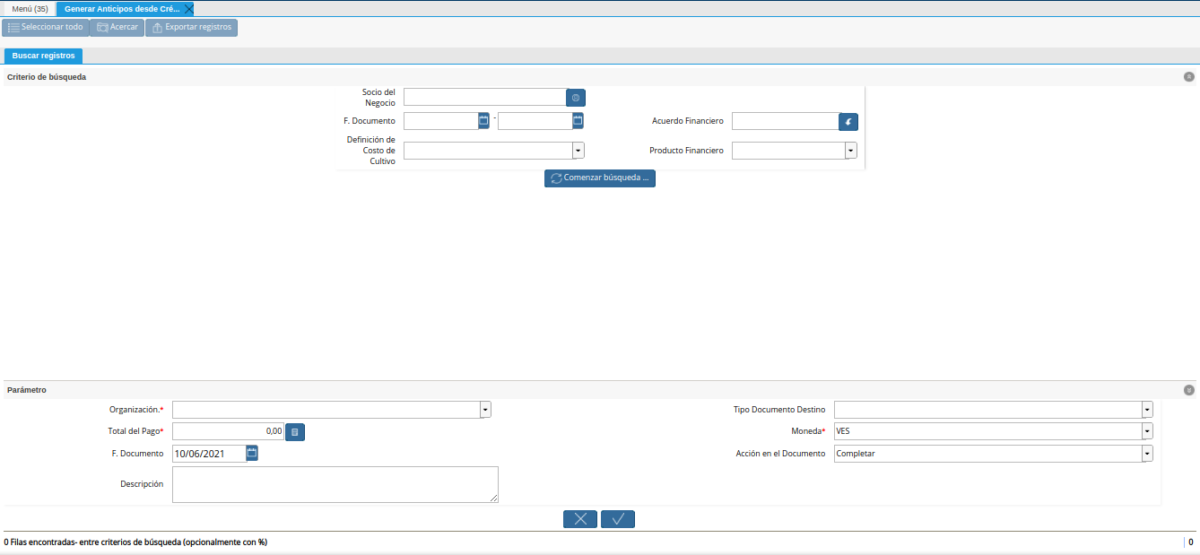 ventana de búsqueda inteligente generar anticipos desde crédito al productor