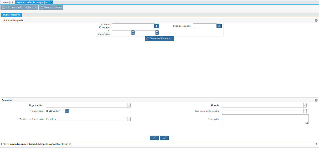 ventana de búsqueda inteligente generar orden de compra desde financiamiento agrícola