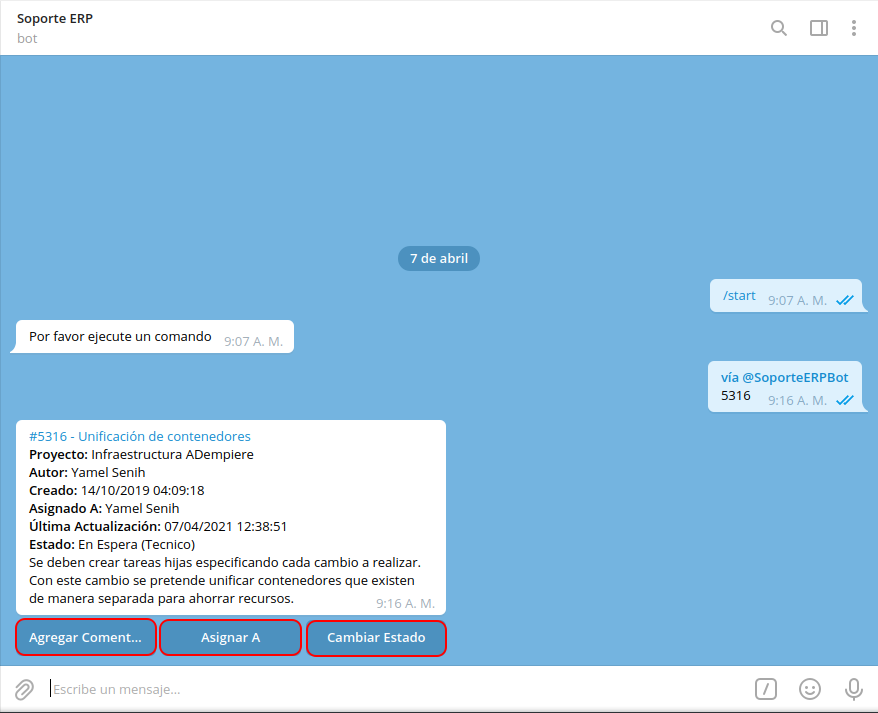 opciones de la consulta de la tarea específica